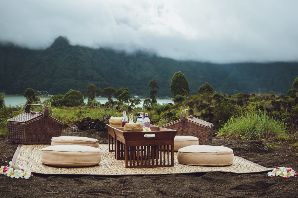 Picnic on the nature. Kintamani Lake and Batur volcano, Bali.